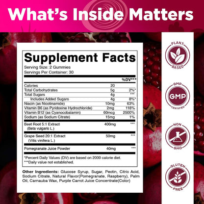 Vitamatic Beet Root Gummies with B6, B12, Grape Seed, Pomegranate & Niacin – Plant-Based Extract – Vegan, Non-GM – 120 Count – Image 2