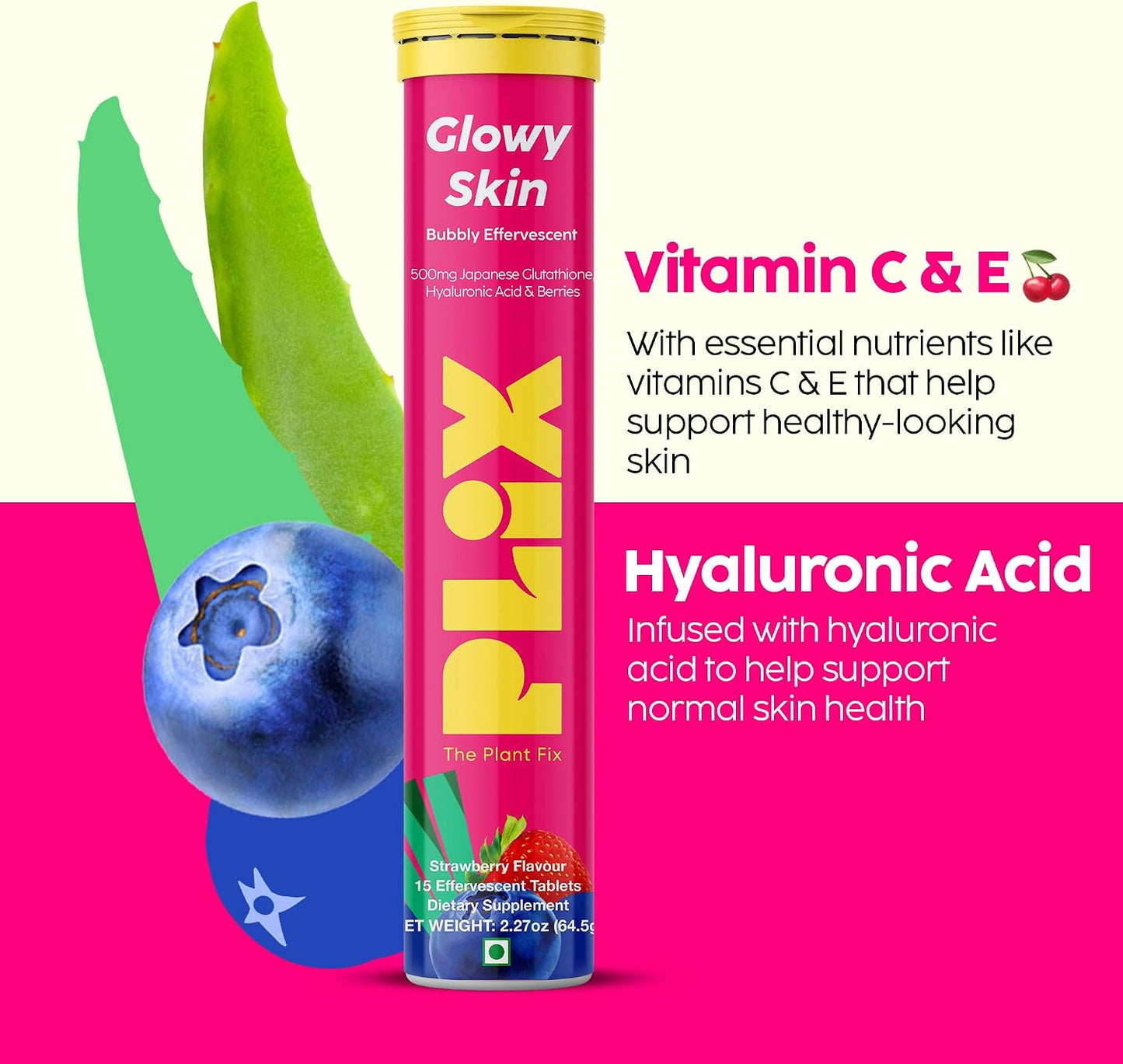 PLIX Glowy Skin 500mg Glutathione Supplement with Hyaluronic Acid, Vitamin C, E & Berries | 15 Effervescent Tablets, Strawberry Flavour - görsel 6