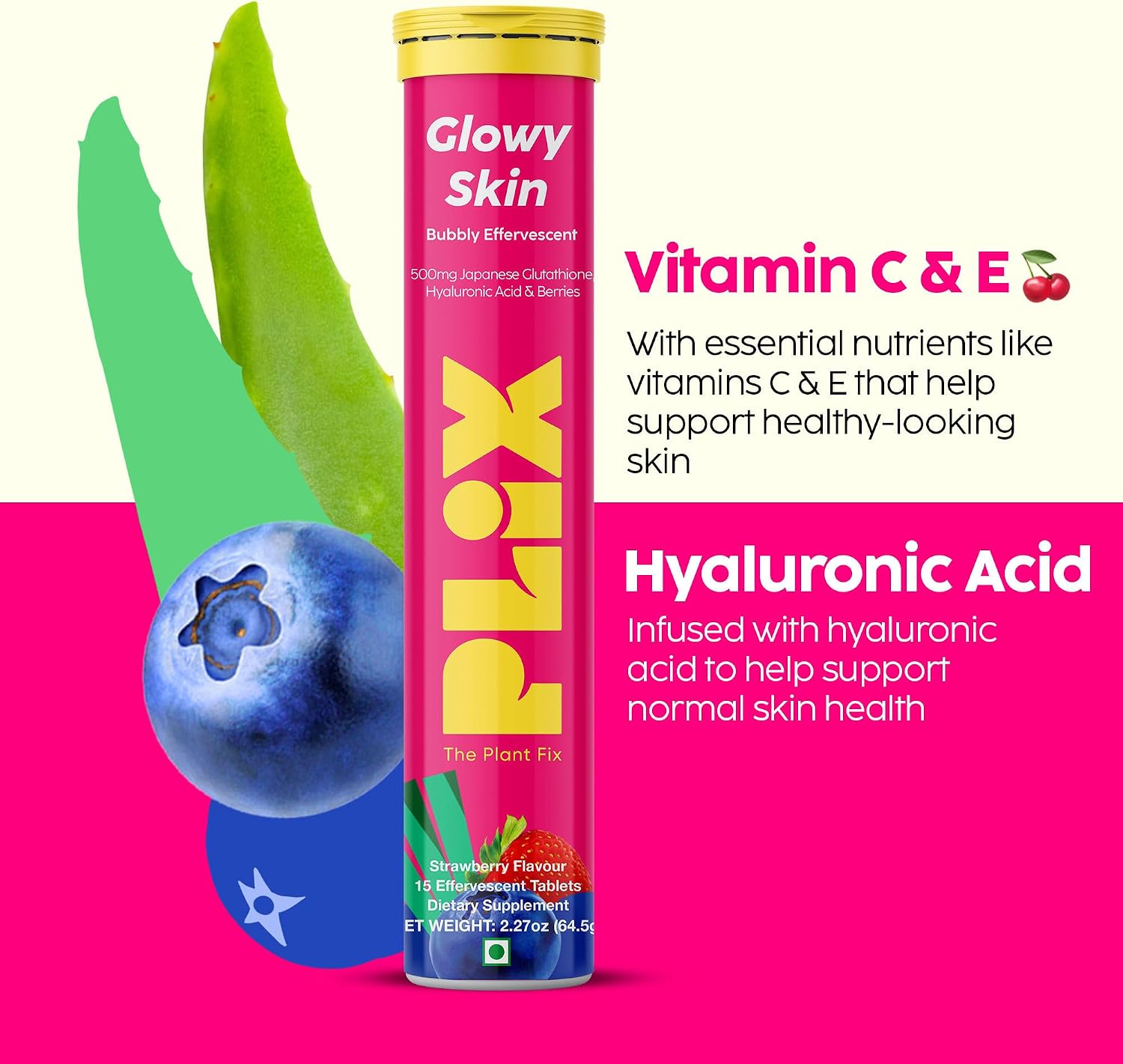 PLIX Glowy Skin 500mg Glutathione Supplement with Hyaluronic Acid, Vitamin C, E & Berries | 15 Effervescent Tablets, Strawberry Flavour - görsel 6