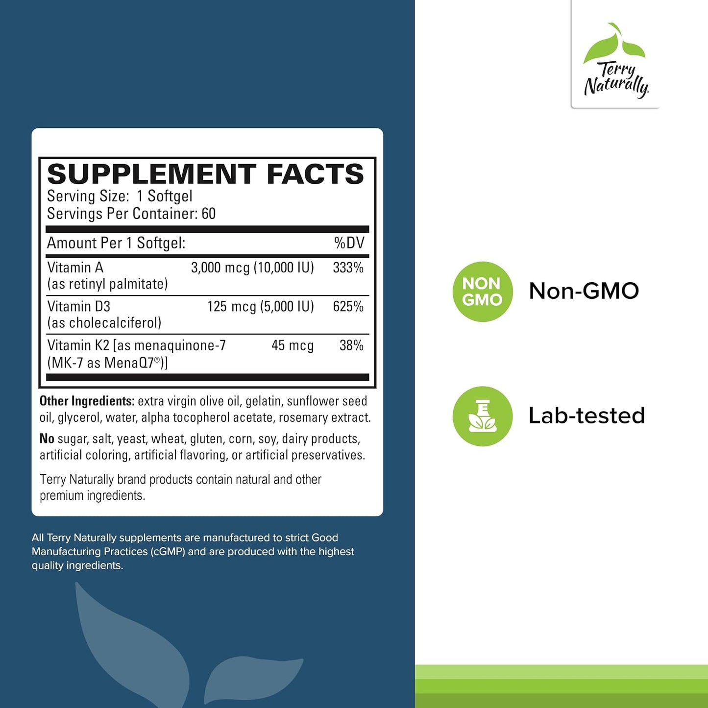 Terry Naturally A•D3•K2 - Vitamin A, D3 & K2 Supplement for Immune, Heart & Bone Health (60 Softgels) - görsel 2