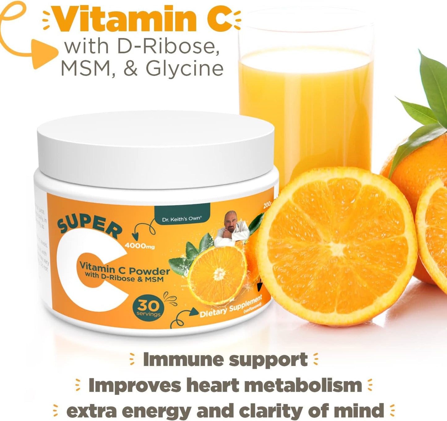 Dr. Keith's Own Super C - High Dose Powdered Vitamin C 4000mg with D-Ribose, Glycine, MSM - Unflavoured, 200 Grams (30 Servings) - görsel 6