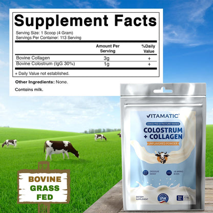 Vitamatic Bovine Colostrum + Collagen Powder - Grass-Fed, Hydrolysed, Unflavoured - 454 g – Image 2