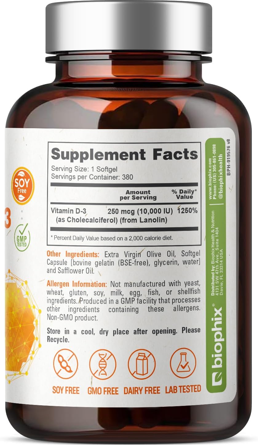 biophix Vitamin D3 10000 IU 380 Softgels - High Potency with Extra Virgin Olive Oil - görsel 2