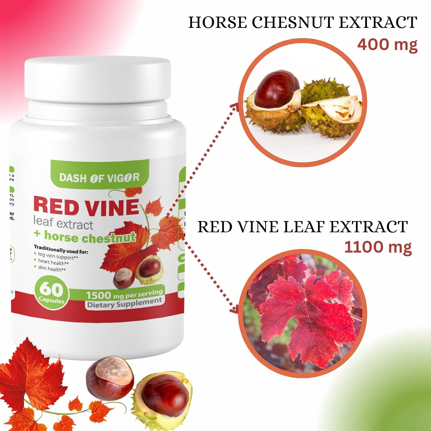 Dash of Vigour Red Vine Leaf Extract (Vitis vinifera) and Horse Chestnut Seed Extract, 1500 mg, 60 Capsules - görsel 5