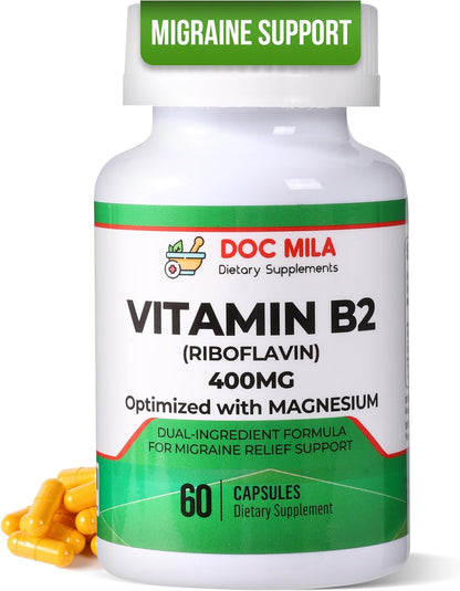 Doc Mila Vitamin B2 Riboflavin 400mg Capsules – Vegan Supplement for Energy & Nervous System Support – 60 Capsules – Image 1