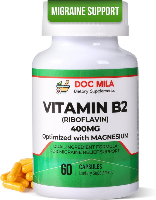 Doc Mila Vitamin B2 Riboflavin 400mg Capsules – Vegan Supplement for Energy & Nervous System Support – 60 Capsules – Image 1