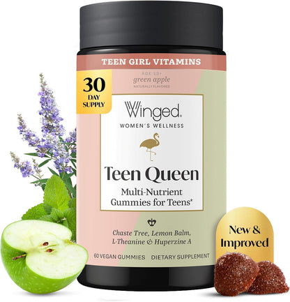 Winged Wellbeing Teen Queen Multivitamin Gummies for Teen Girls – Mood & Hormonal Support – 60 Gummies