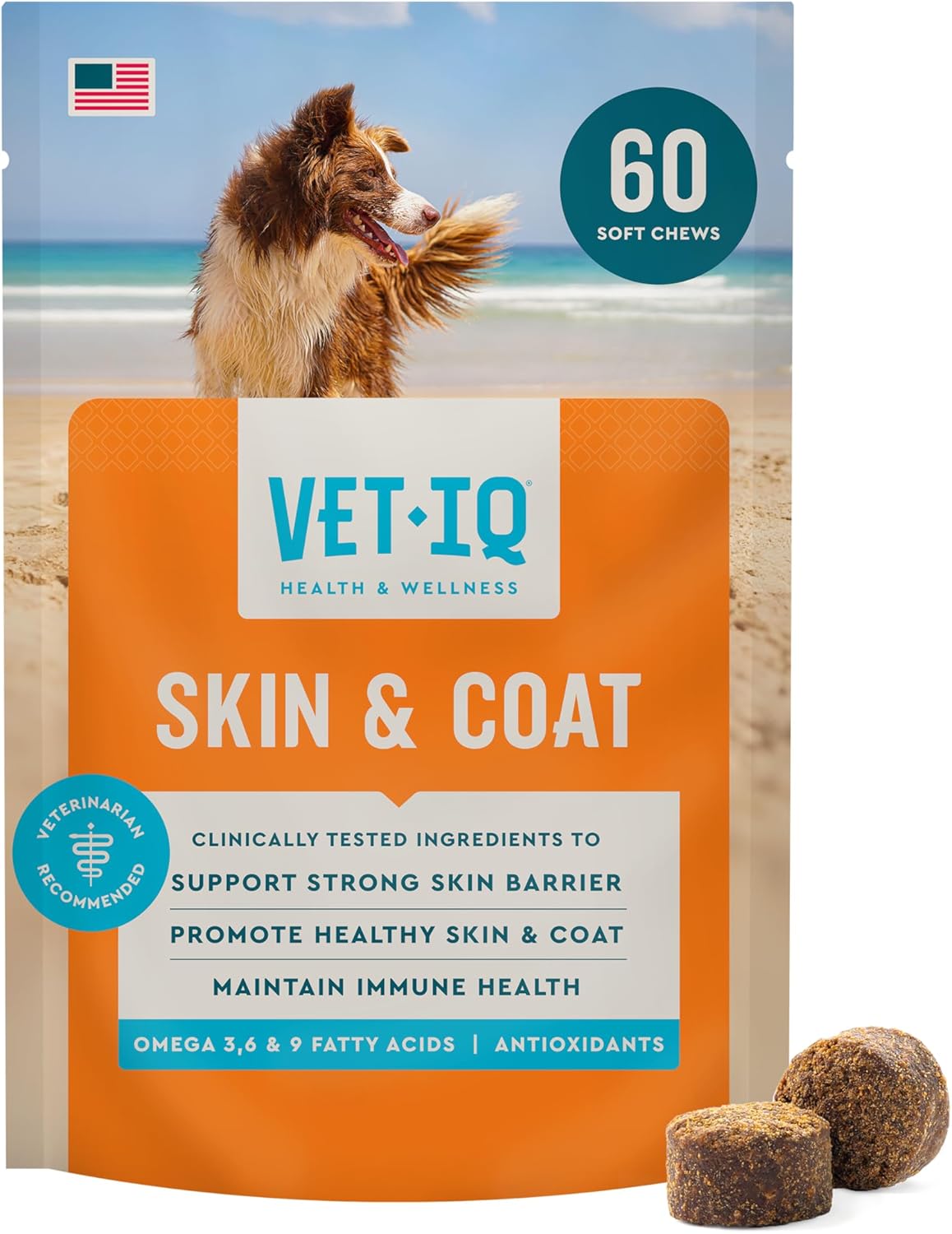 VetIQ Skin and Coat Supplement for Dogs, Helps Maintain Healthy Skin and Shiny Coat, Hickory Smoke Flavour Dog Chew, Made in the USA, 60 Count - görsel 1