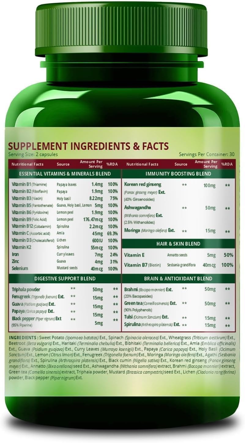 Wholefood Multivitamin for Women's with Vitamin B1, B2, B3, B5, B6, B7, B9, B12, C, D, E, Calcium, Magnesium, Zinc - 30 Veg Capsules (Pack of 1) - görsel 2