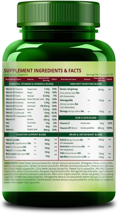 Wholefood Multivitamin for Women's with Vitamin B1, B2, B3, B5, B6, B7, B9, B12, C, D, E, Calcium, Magnesium, Zinc - 30 Veg Capsules (Pack of 1)