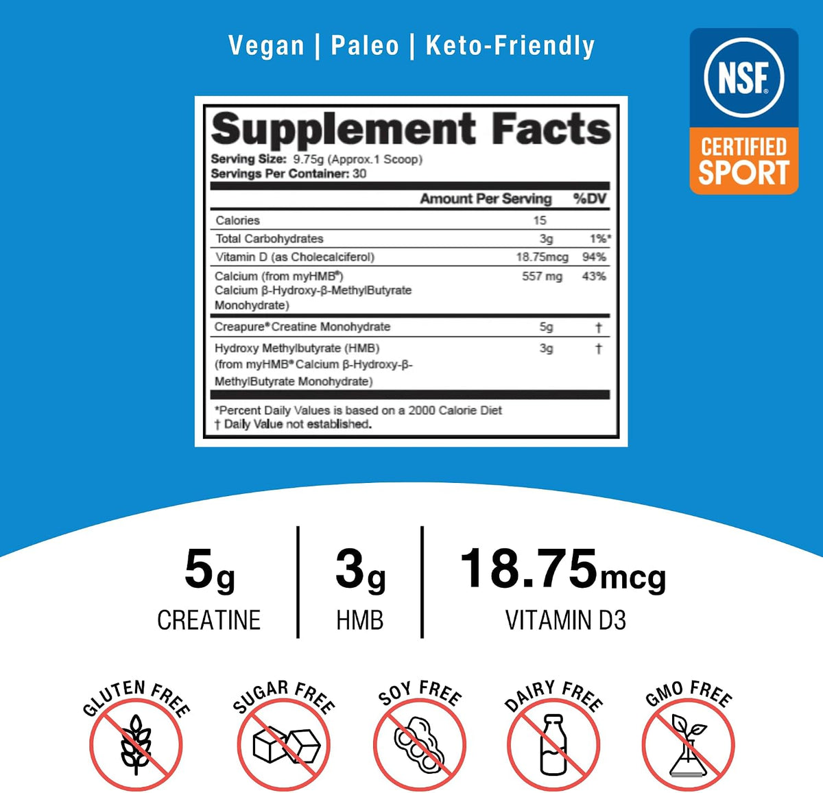 OptimalStack Creatine Monohydrate, HMB & Vitamin D3 Stack | NSF Certified | Unflavoured, 30 Servings – Image 2