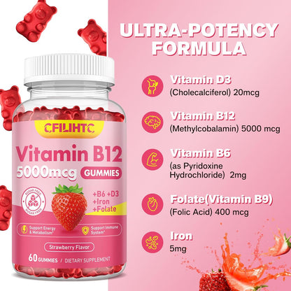 CFILIHTC Vitamin B12 Gummies – 5000mcg – Vegan, non-GM, and free from common allergens – Image 4