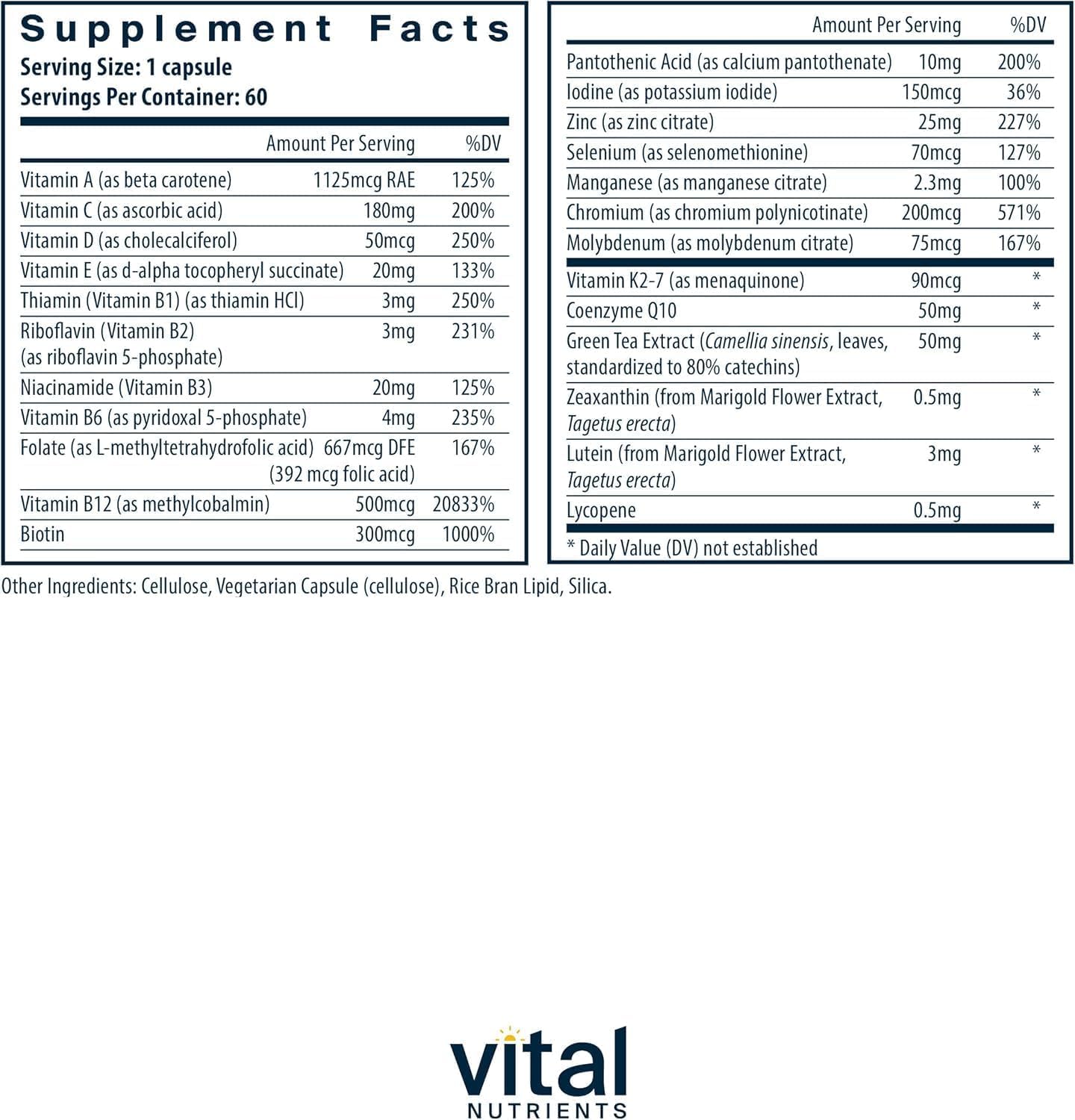 Vital Nutrients Once-daily Multivitamin - Vegan Multi for Women's & Men - Allergen-Free - 19 Essential Vitamins + Antioxidants for Eye and Heart Health - 60 Capsules - görsel 2