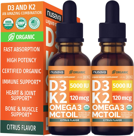 (2 Pack) Organic Vitamin D3 K2 Drops with MCT Oil and Omega 3 - Liquid Vitamin D3 5000 IU - K2 D3 Vitamin Supplement - Vitamin D Drops for Women's and Men - No Fillers, Non-GM, GMP, Citrus Flavour (60 mL)
