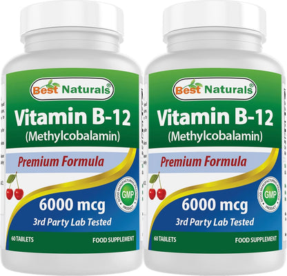 Best Naturals Vitamin B12 Methylcobalamin (Methyl B12), 6000 mcg, 60 Sublingual Tablets (Pack of 2)