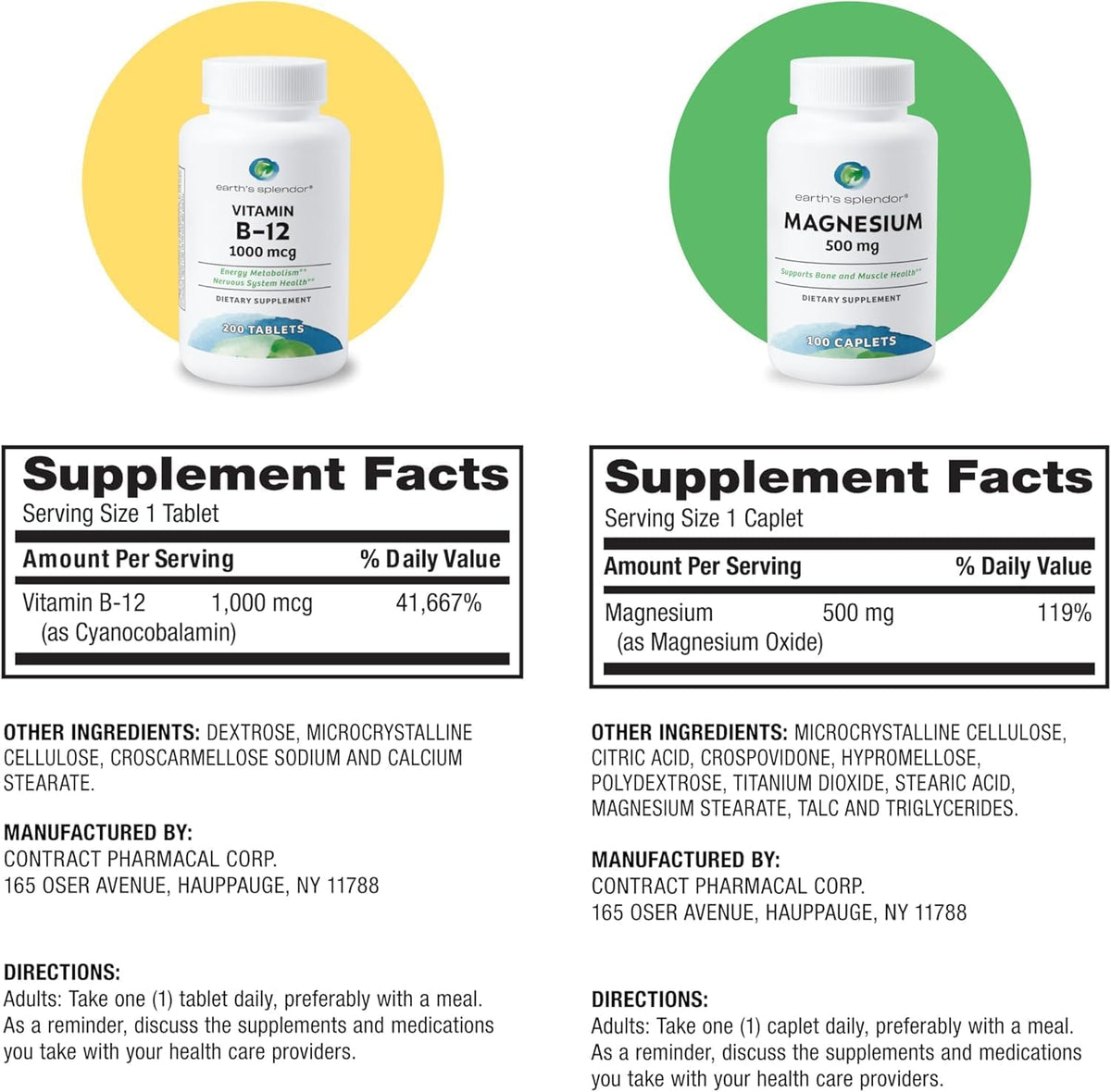 Earth's Splendor Energy + Muscle Support: Vitamin B12 (1000 mcg) and Magnesium (500 mg) Supplement – Image 3