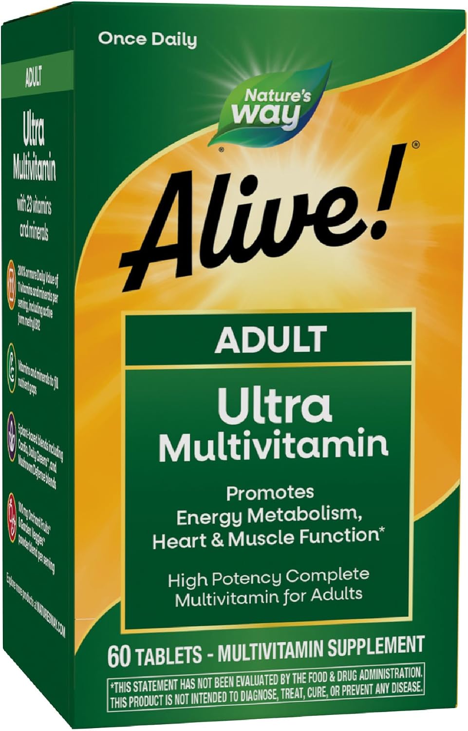 Nature's Way Alive! Adult Ultra Multivitamin, Supports Energy Metabolism, Heart & Muscle Function, with B-Vitamins Including Methylated B12, Gluten Free, 60 Tablets - görsel 1
