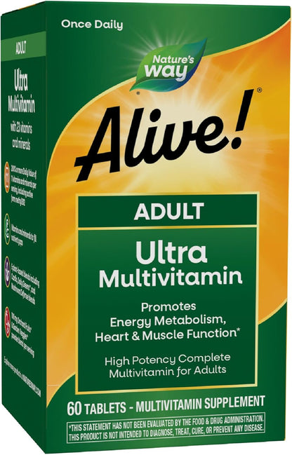 Nature's Way Alive! Adult Ultra Multivitamin, Supports Energy Metabolism, Heart & Muscle Function, with B-Vitamins Including Methylated B12, Gluten Free, 60 Tablets