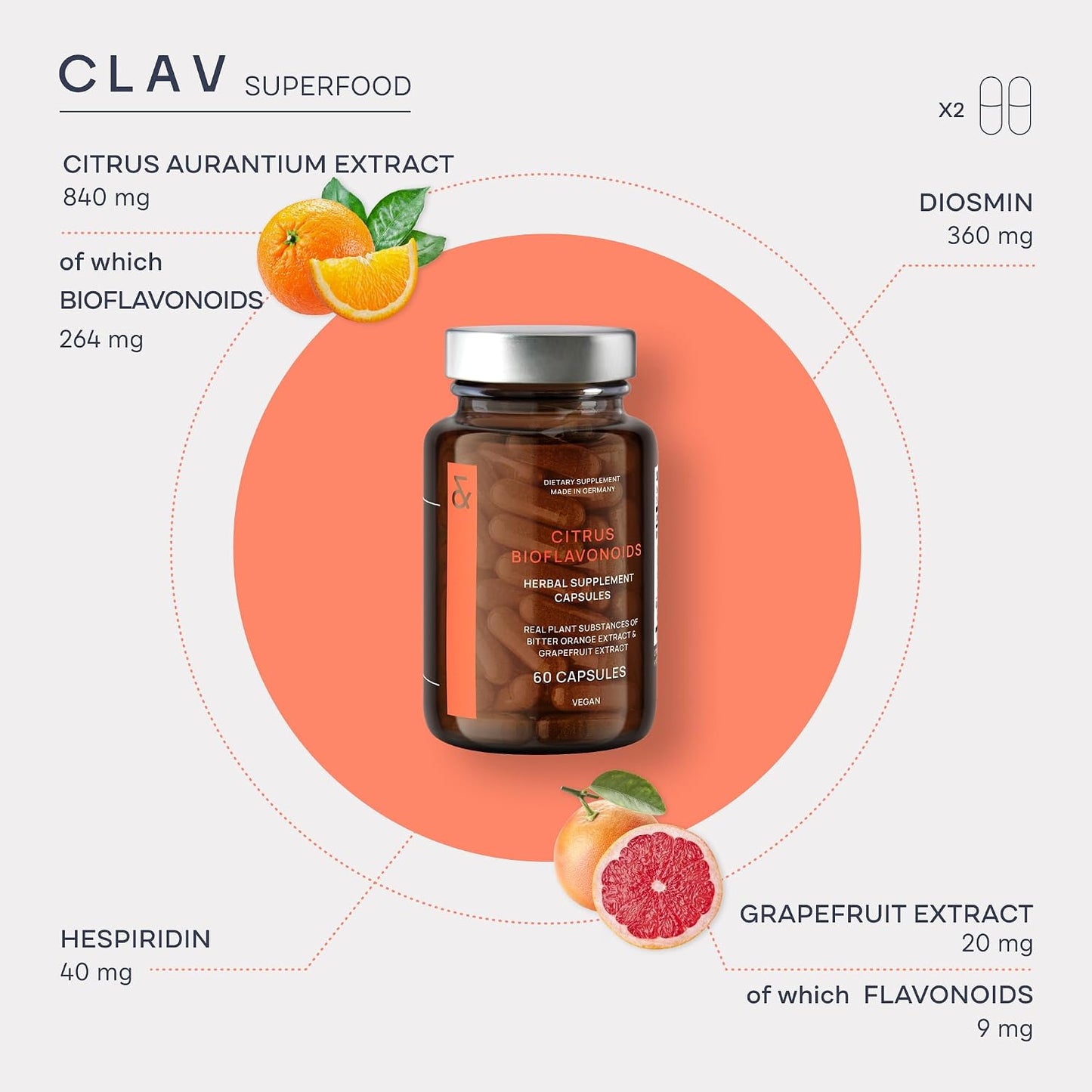 CLAV Citrus Bioflavonoids - Vegan Flavonoids Supplement with Bitter Orange and Grapefruit Extract - Antioxidant & Immune Support - 60 Capsules - görsel 4
