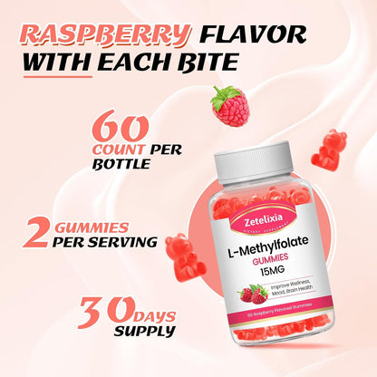 L-Methylfolate 15mg & Methyl B12 Gummies - Sugar-free, Vegan, Raspberry Flavour (60 Count) – Image 6