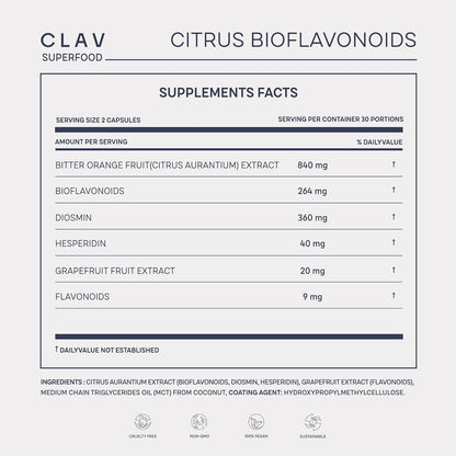 CLAV Citrus Bioflavonoids - Vegan Flavonoids Supplement with Bitter Orange and Grapefruit Extract - Antioxidant & Immune Support - 60 Capsules