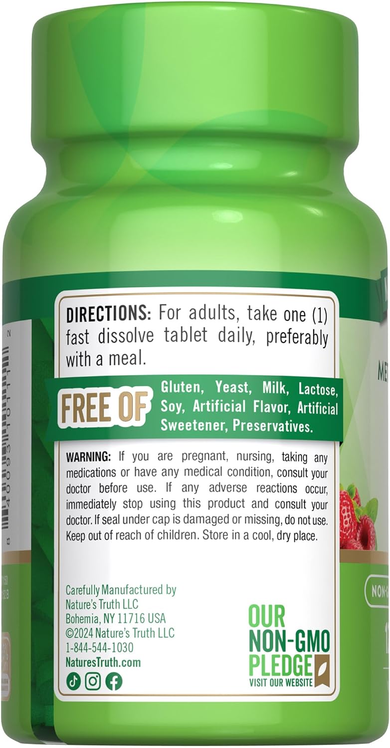 Nature's Truth B12 Vitamin Sublingual Tablets, 1000 mcg, 120 Count - Vegan, Non-GM & Gluten free - görsel 7