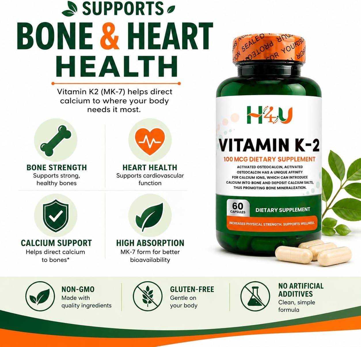 H4U Vitamin K2 MK-7 100 mcg – 60 Veg Capsules – Bone & Heart Health Support - görsel 2