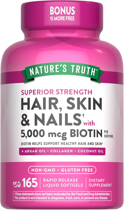 Nature's Truth Hair, Skin & Nails Vitamin | 5000mcg Biotin | 165 Softgels | with Collagen | Non-GM & Gluten free Supplement