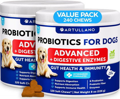 Artullano Probiotics for Dogs - Gut Health, Allergy & Immune Support - 180 Soft Chews