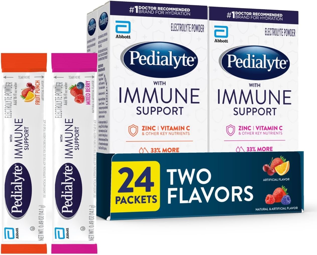 Pedialyte with Immune Support, Electrolyte Drink Powder Variety Pack (Fruit Punch & Mixed Berry) - 24 Powder Packets - görsel 1