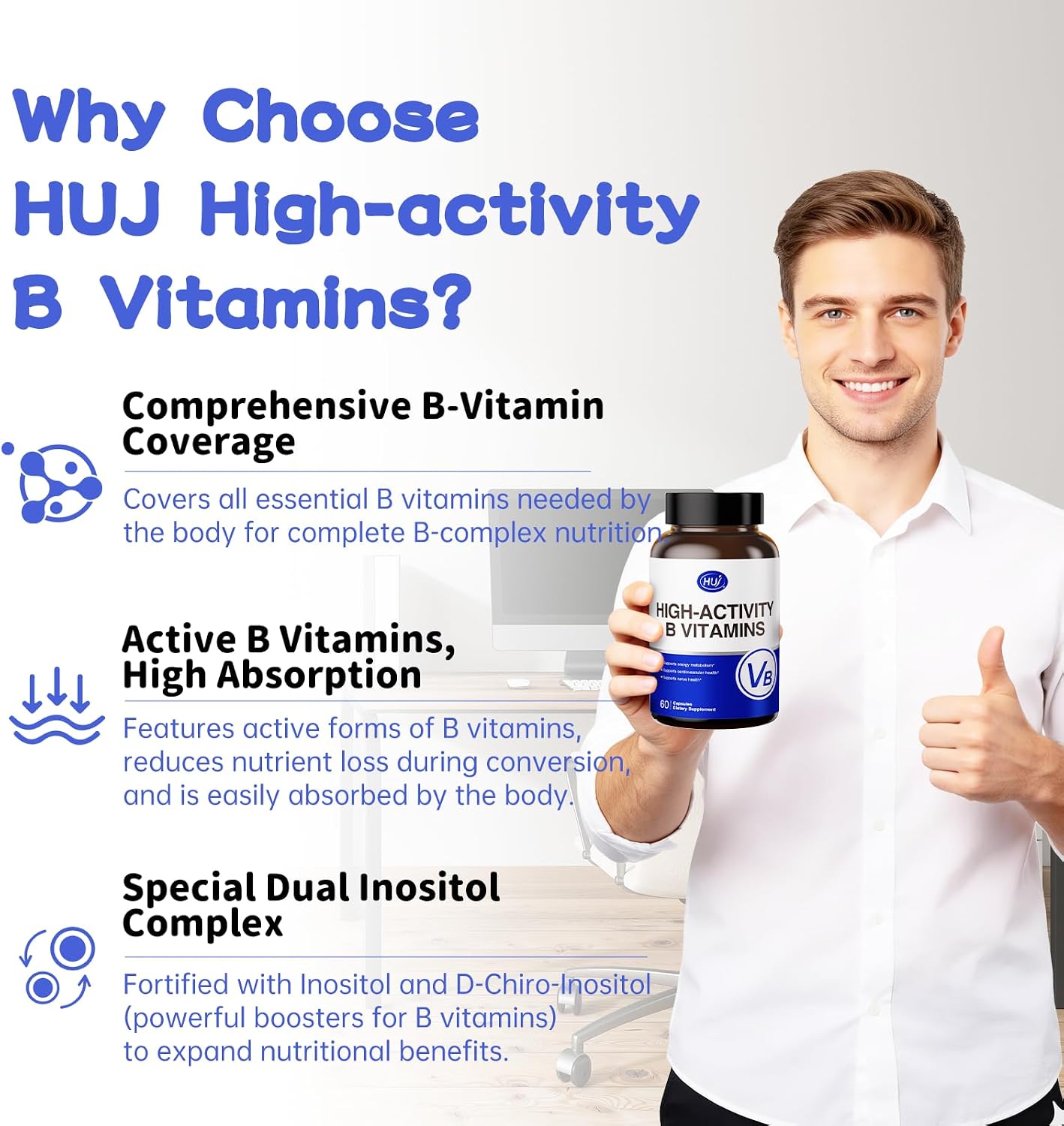 HUJ High-Activity B Vitamins - Supports Normal Energy Production & Nervous System Health - Supplement with 8 B Vitamins, Inositol and D-Chiro Inositol - 60 Capsules - görsel 5