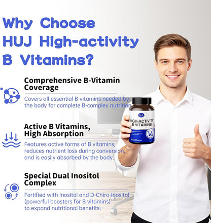 HUJ High-Activity B Vitamins - Supports Normal Energy Production & Nervous System Health - Supplement with 8 B Vitamins, Inositol and D-Chiro Inositol - 60 Capsules