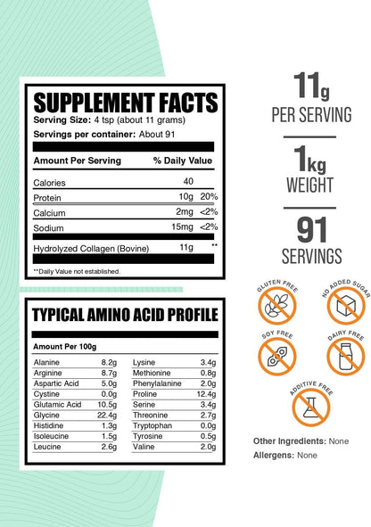 BulkSupplements Collagen Peptides Powder - Hydrolysed Bovine Collagen, 1kg
