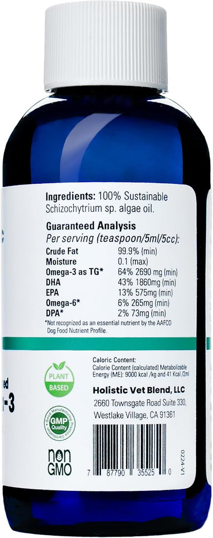 Holistic Vet Blend Green Omega-3 Oil for Pet Owners, Pure Marine Algae Assists Skin, Coat, Joint Health, Immune System, Heart & Kidney Function