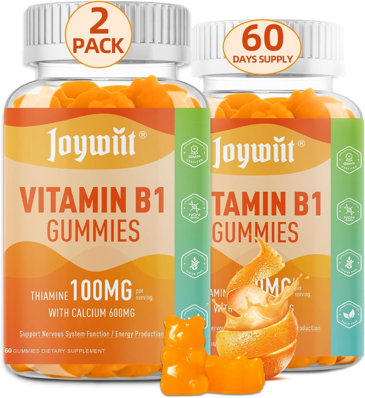 Joywiit Vitamin B1 Gummies 100mg with Calcium – Thiamine Supplement for Nervous System Support & Energy – Orange Flavour – – Image 1