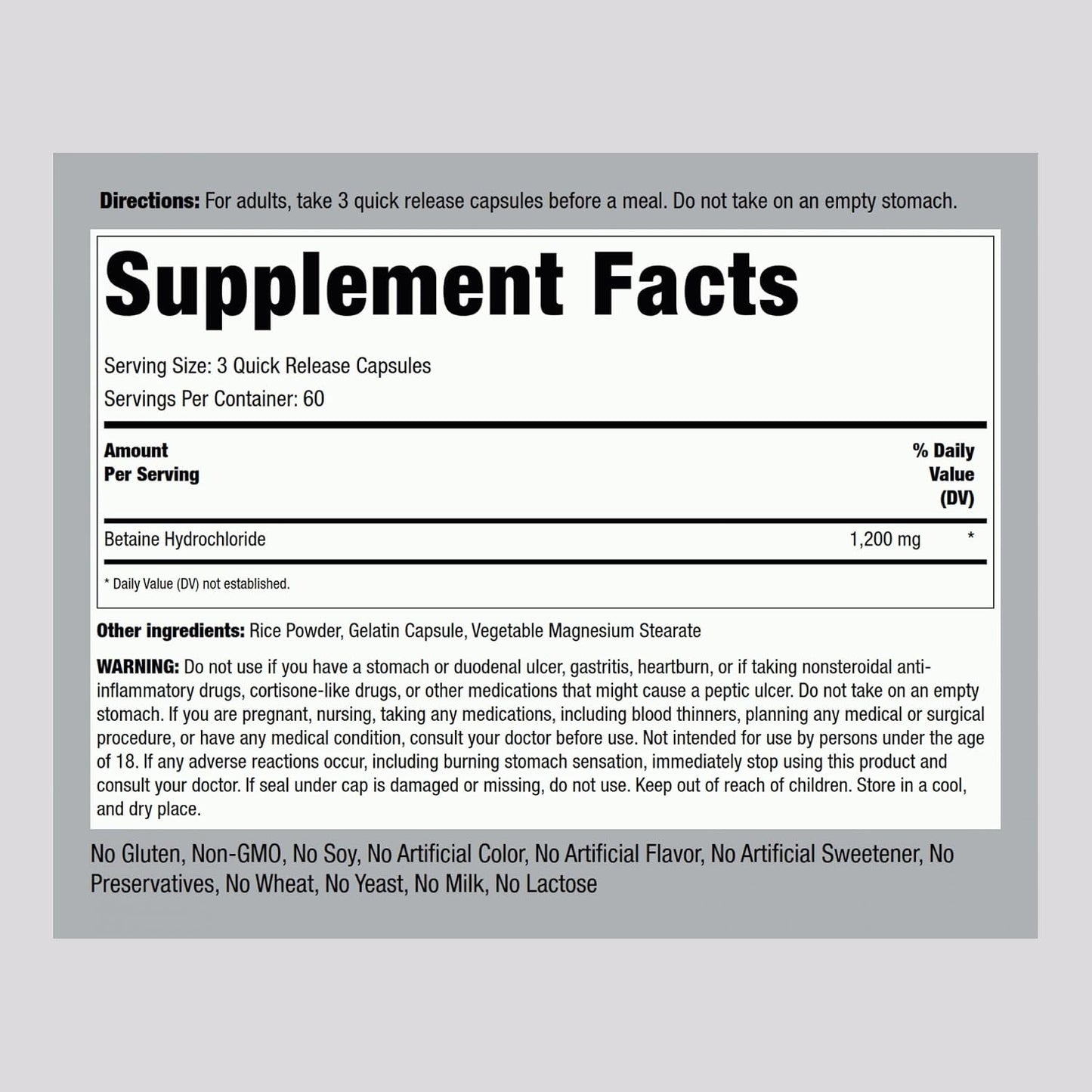 Piping Rock Betaine HCL Capsules, 1200 mg, 180 Quick Release Capsules - görsel 2