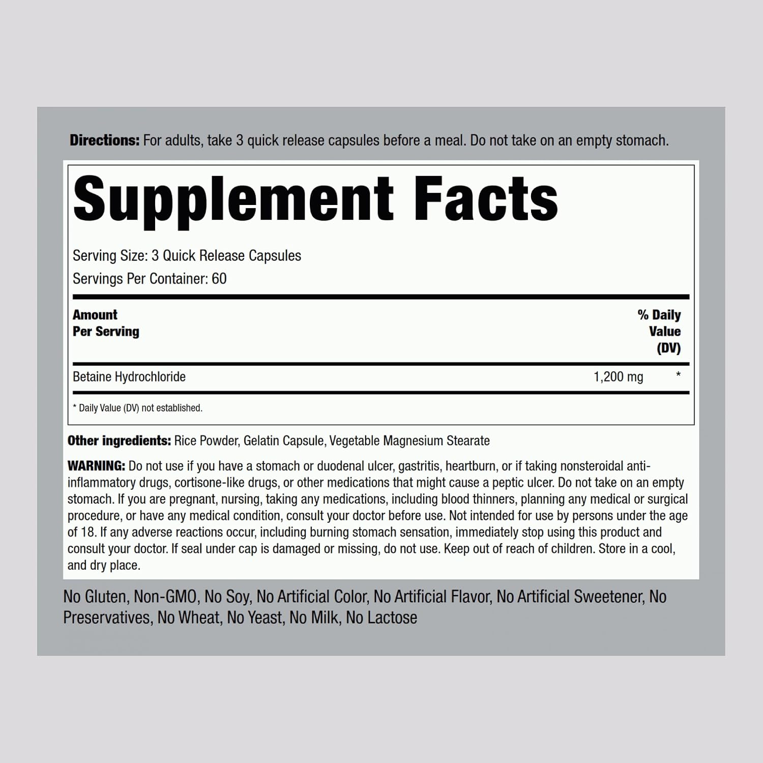 Piping Rock Betaine HCL Capsules, 1200 mg, 180 Quick Release Capsules - görsel 2