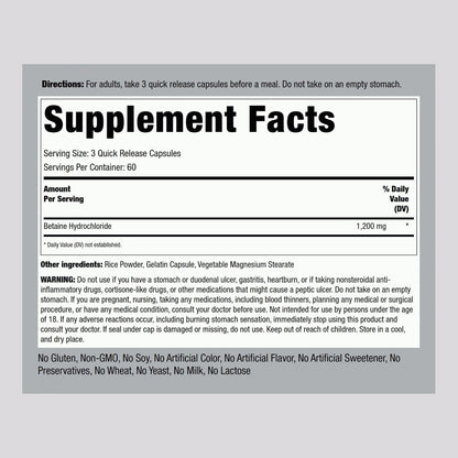 Piping Rock Betaine HCL Capsules, 1200 mg, 180 Quick Release Capsules