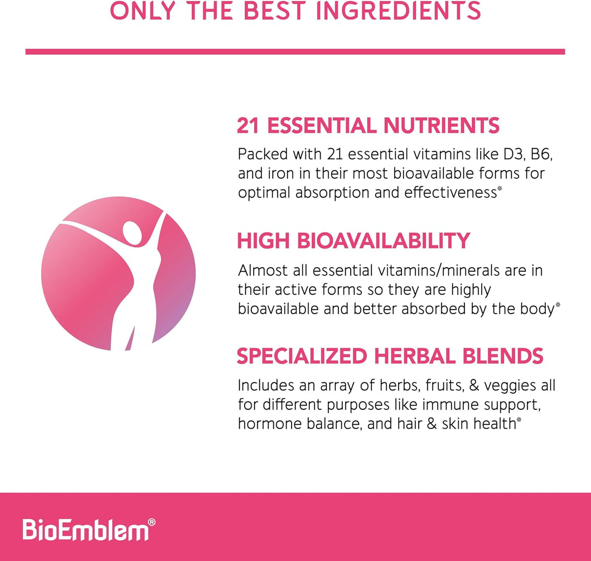 BioEmblem Women's's Multivitamin - Complete Daily Multi for Immunity, Energy, Hair, Skin with Vitamin A, B12, B6, D3, – Image 2