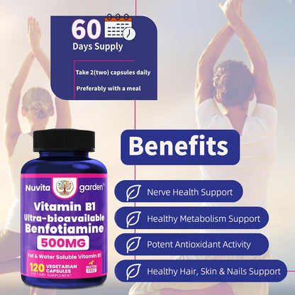 Vitamin B1 500mg with Benfotiamine Supplement - 120 Capsules