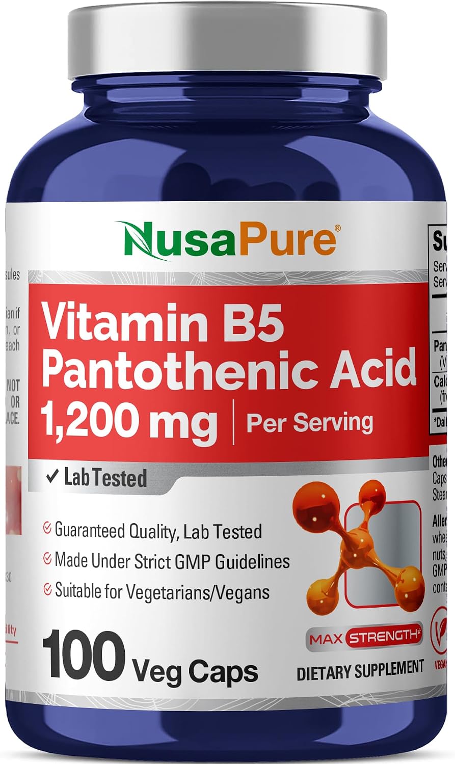 NusaPure Vitamin B5 Pantothenic Acid 1,200mg Per Serving, 100 Capsules - Vegetarian and Vegan, Non-GM Dietary Supplement – Image 1
