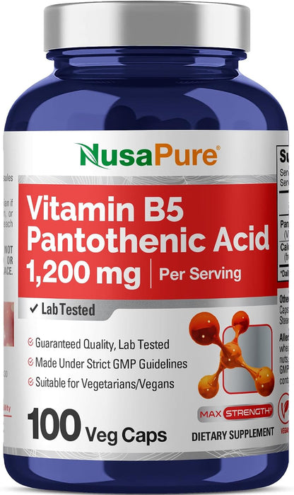 NusaPure Vitamin B5 Pantothenic Acid 1,200mg Per Serving, 100 Capsules - Vegetarian and Vegan, Non-GM Dietary Supplement – Image 1