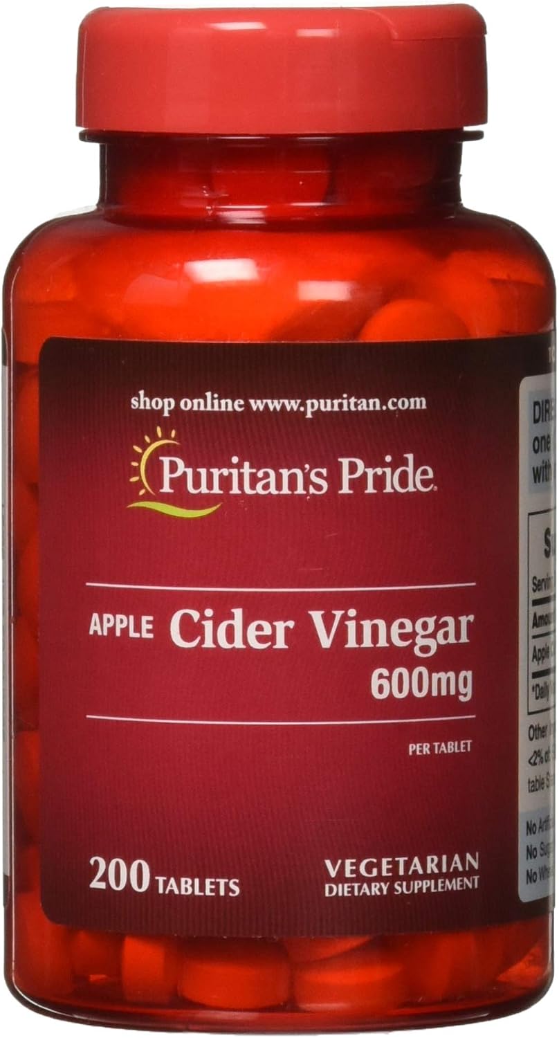 Puritan's Pride Apple Cider Vinegar 600 mg, Vegetarian Dietary Supplement, 200 Tablets – Image 1