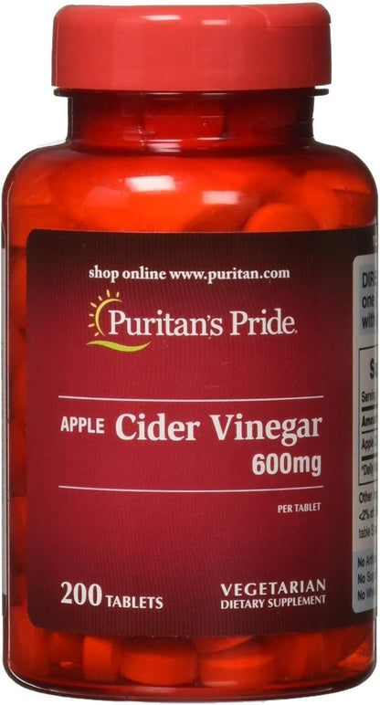 Puritan's Pride Apple Cider Vinegar 600 mg, Vegetarian Dietary Supplement, 200 Tablets – Image 1