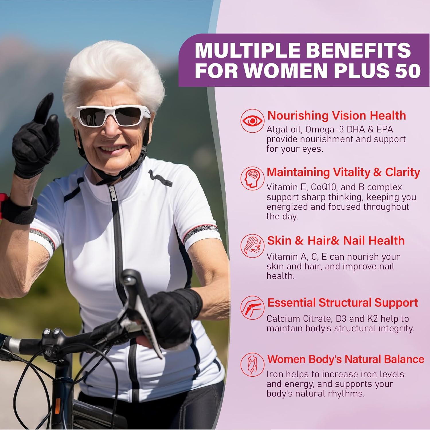 Multivitamin Gummies for Women's 50+ with Omega-3, Coenzyme Q10, Iron, Calcium, Zinc, Vitamin A, C, D3, E, K2, B Complex, Folate - Multi Vitamins & Minerals for Energy, Beauty, Immune - Pack of 2 - görsel 5