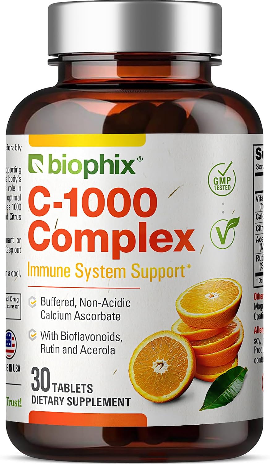 biophix Vitamin C-1000 mg 30 Tablets Complex – Vegan with Calcium, Citrus Bioflavonoids, Acerola, Rutin – Supports Immune Health - görsel 1