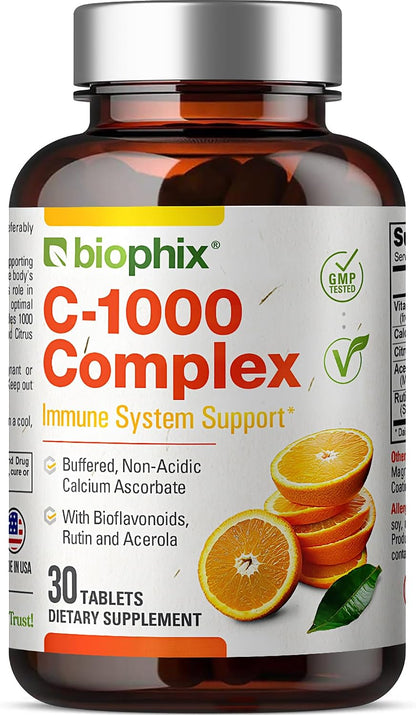 biophix Vitamin C-1000 mg 30 Tablets Complex – Vegan with Calcium, Citrus Bioflavonoids, Acerola, Rutin – Supports Immune Health