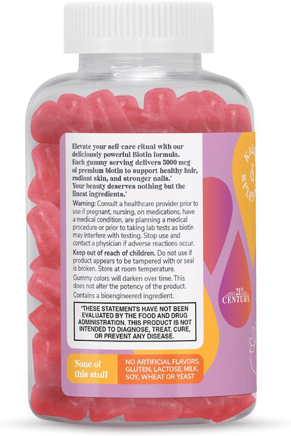 21st Century Biotin Gummies 5000 mcg for Hair Growth, Skin and Nail Health – Vegetarian Strawberry Supplement for Women, 120 Gummies, Gluten free