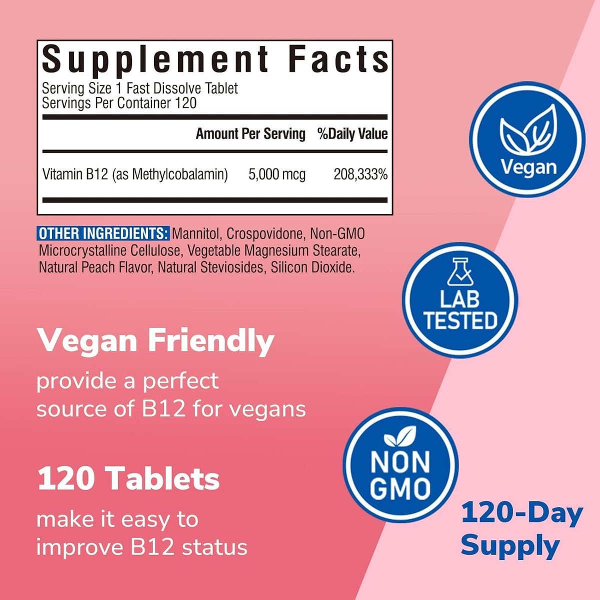 Vitalibre Vitamin B12 Sublingual 5000 mcg – Natural peach flavour with no added sugar, sweeteners, or artificial – Image 3