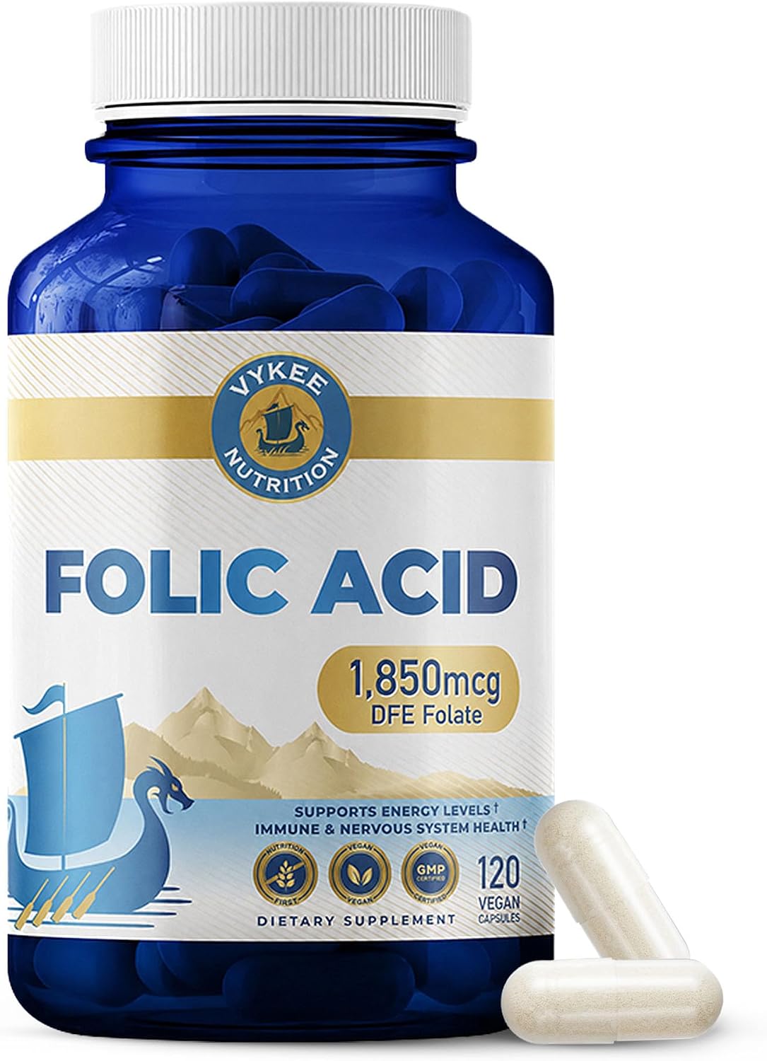 Vykee Nutrition Folic Acid Capsules - Supports Body Processes, Prenatal Health and Energy - Vitamin B9 Supplement for – Image 1